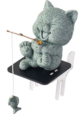 创意小猫钓鱼茶宠钓鱼台底座爱萌猫垂钓鱼缸造景装饰品