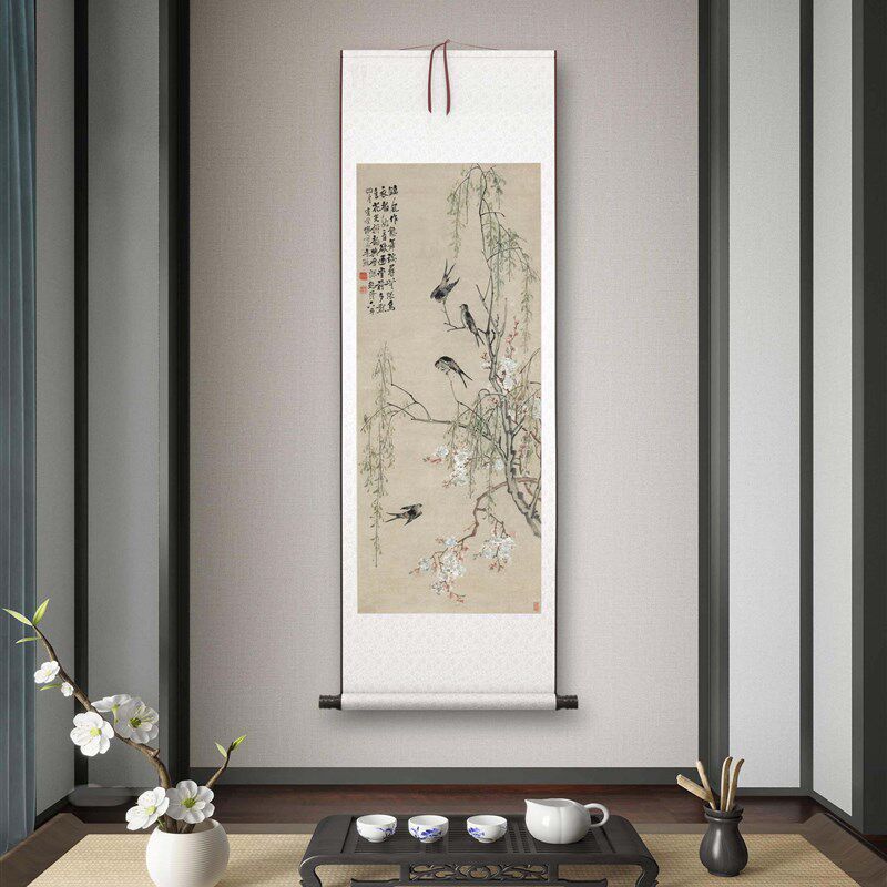 代李鱓桃柳燕客厅书房茶室饰画挂画玄水墨挂轴字