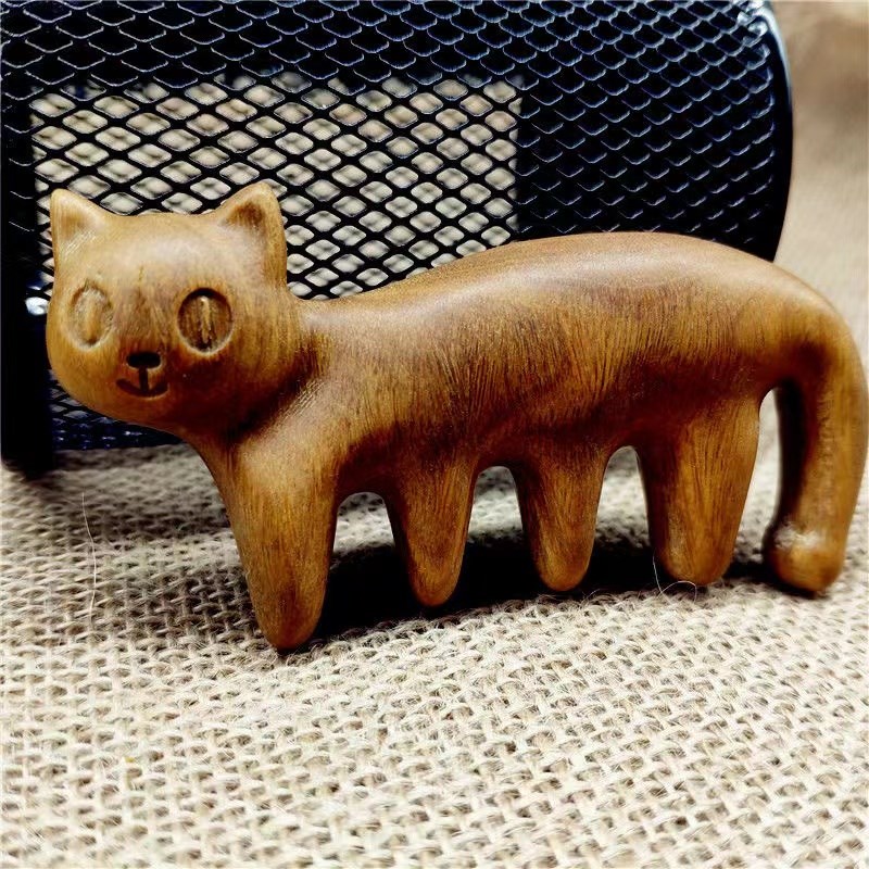 手工绿檀木小猫木梳实木爱猫咪按摩部梳子天然按摩梳