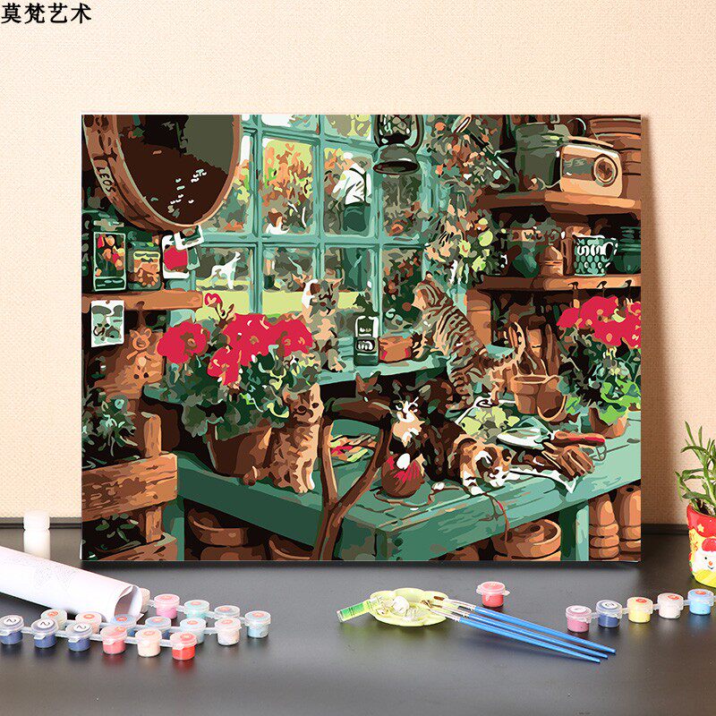 油画手工填充治愈系群嬉戏的小猫咪手绘涂色丙烯油彩画