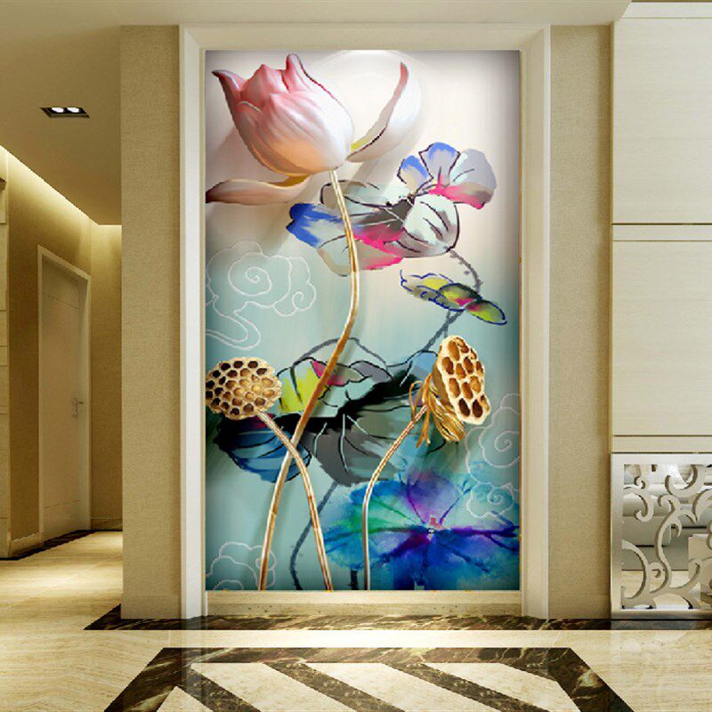办公玄关屏风吊顶夹胶夹绢丝钢化安全油画风蓝黛