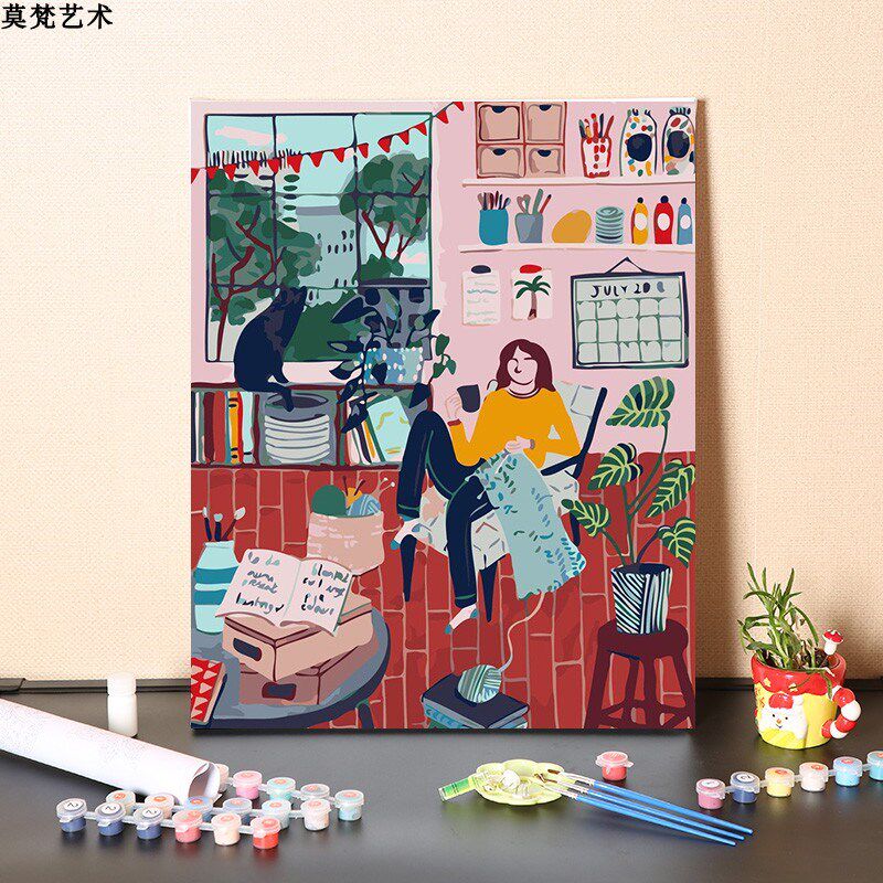 数字油画手工填充文艺宅女周末生活手绘手工涂色丙烯油彩画画