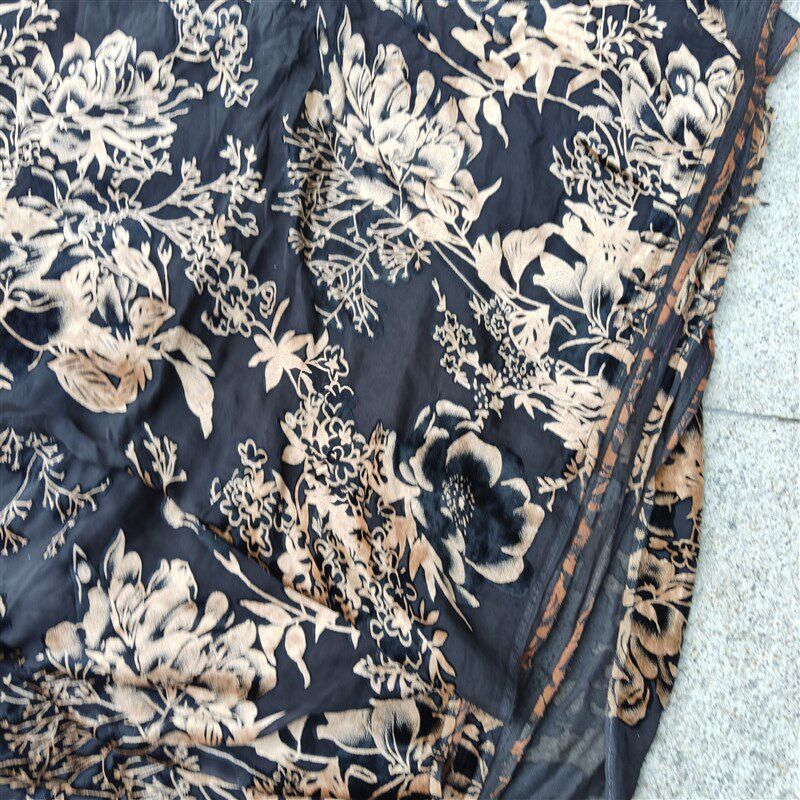 香云纱真丝绒面料 宽幅过泥真丝绒布 牡丹丝绸烂绒布料