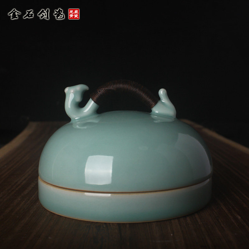 龙泉青瓷精品朱砂胎编绳龙形提印泥盒大号盖提手瓷缸