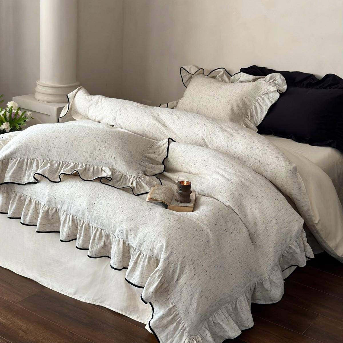 简约风色织段染纯棉双层纱四件套黑包边花边被套床单裸睡透气床品,纺织面料/辅料/配套,纺织机械配件,淘宝优惠券,粉丝福利购,淘宝优惠卷