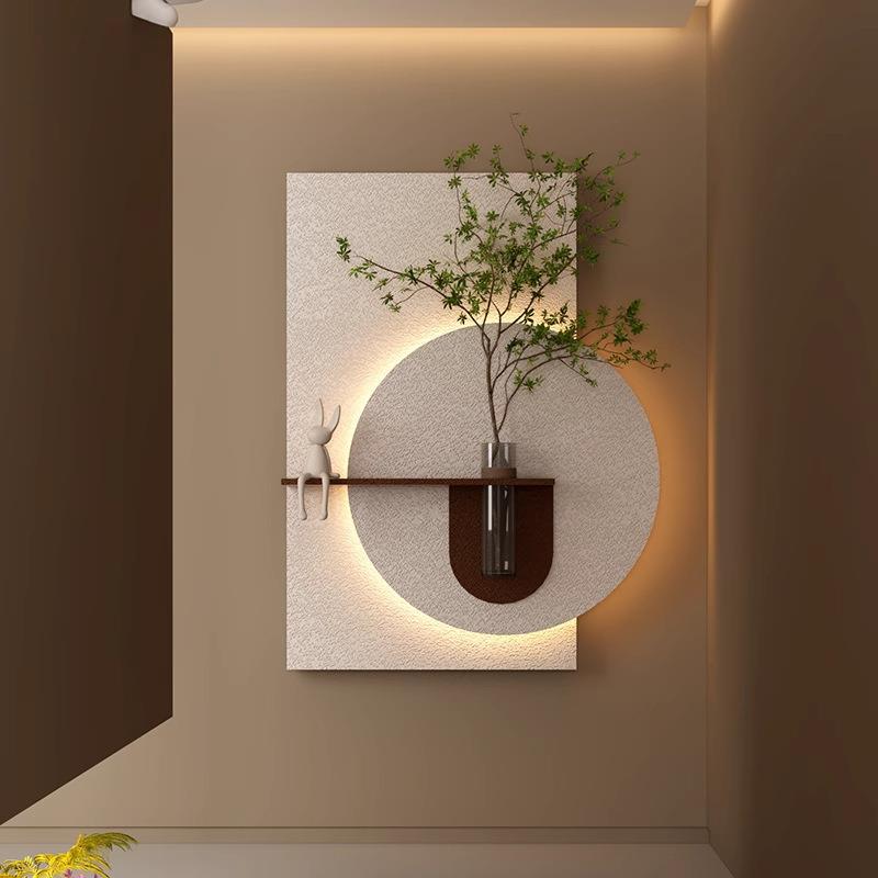 玄关造景客厅入户墙面装饰画餐厅立体圆形壁画高级感绿植墙上花瓶