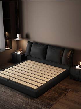 真皮床现代简约主卧高端大气双人床实木框架黑色软包床18米云朵床