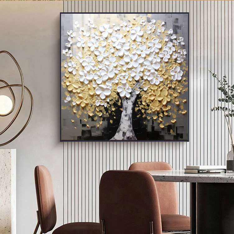 纯手绘花开幸福餐厅花卉装饰画立体唯美式艺术油画女孩卧室挂画图片