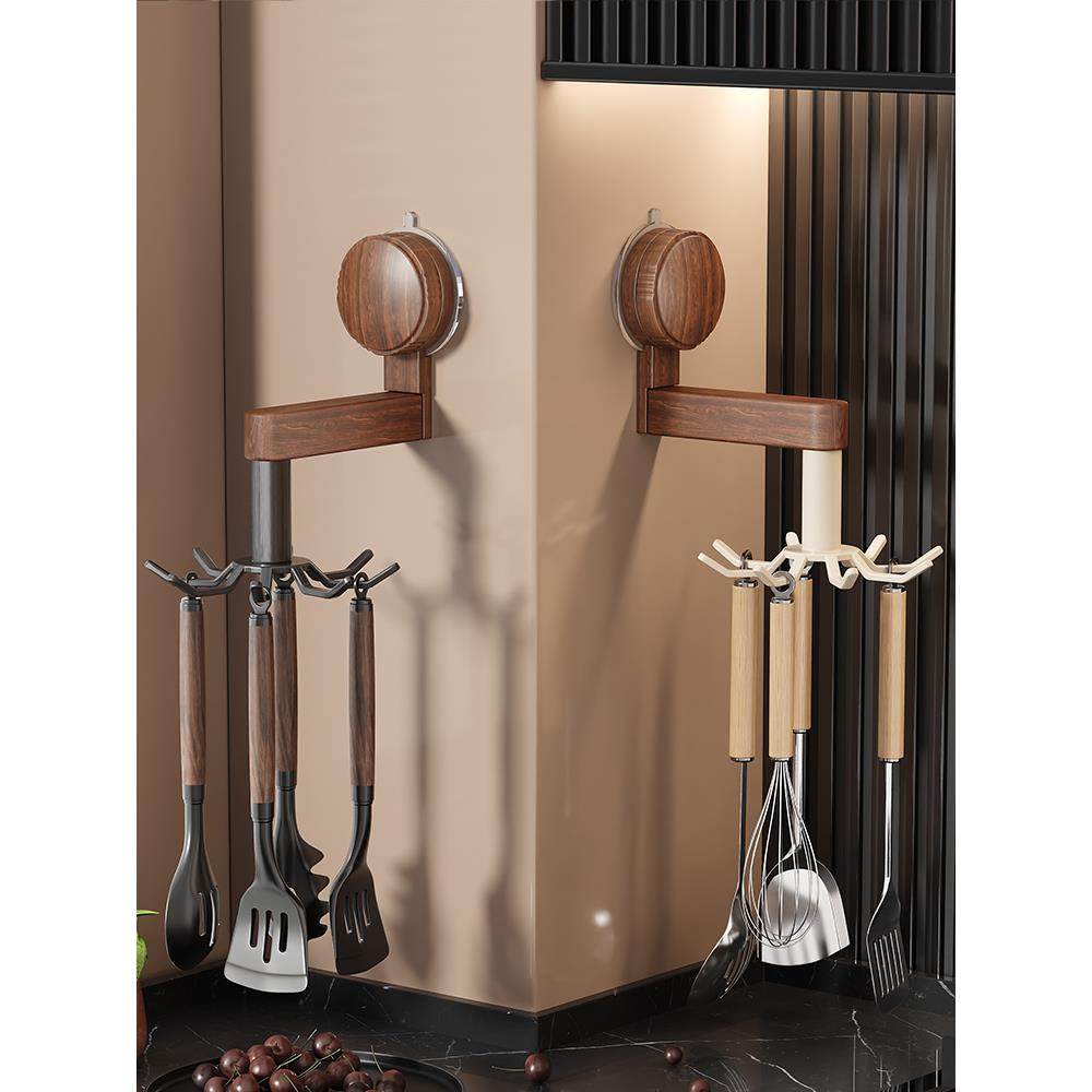 核桃厨房旋转吸盘挂钩没有冲孔彷古风格抹刀勺子存储架厨房用具存