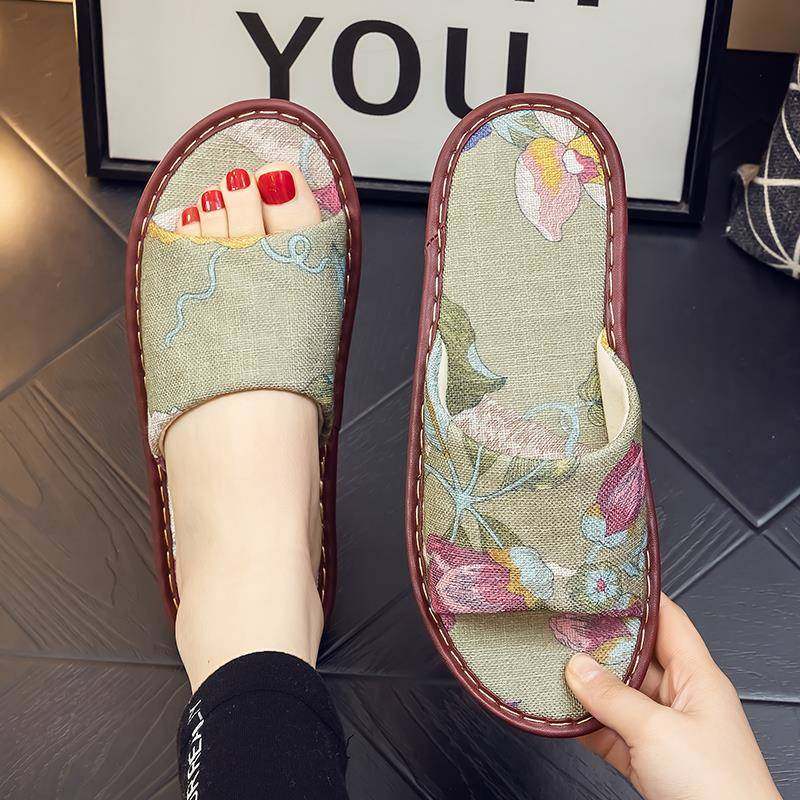 夏季新中式印花家居布艺亚麻凉拖鞋女室内防滑牛筋底居家棉麻拖鞋