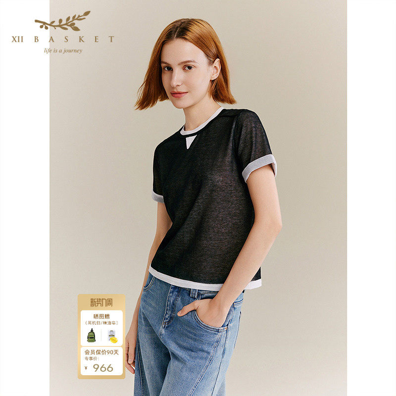 XII BASKET十二篮秋款假两件设计感短袖高级感圆领针织衫女