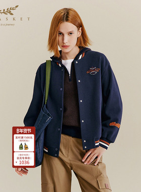 XII BASKET十二篮秋季美式复古休闲藏蓝色宽松棒球服外套女