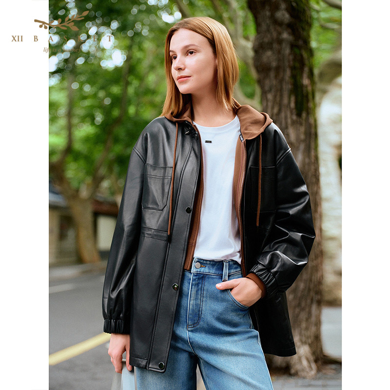 十二篮专选25冬新款时髦羊皮风衣外套中长款女抽绳收腰小立领