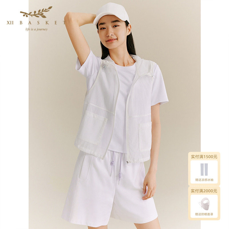XII BASKET十二篮秋款运动休闲户外棉质无袖连帽马甲轻薄女