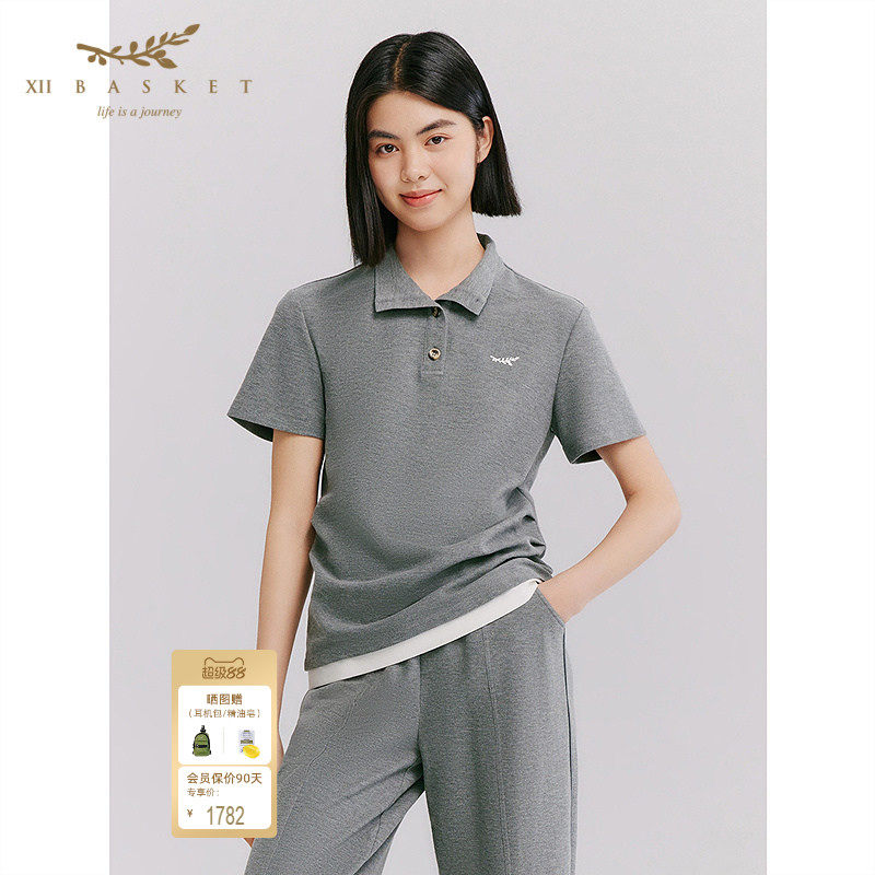 十二篮26夏新款透气纯棉Polo衫女微宽松通勤短袖简约休闲上衣灰色