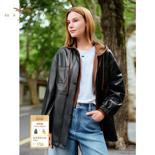 十二篮专选25冬新款时髦羊皮风衣外套中长款女抽绳收腰小立领