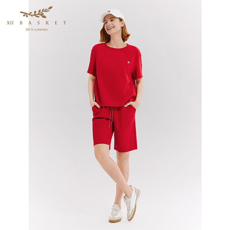 十二篮26春新款中国红柔软透气抽绳针织短裤女休闲时尚五分运动裤,女装/女士精品,短裤,淘宝优惠券,粉丝福利购,淘宝优惠卷