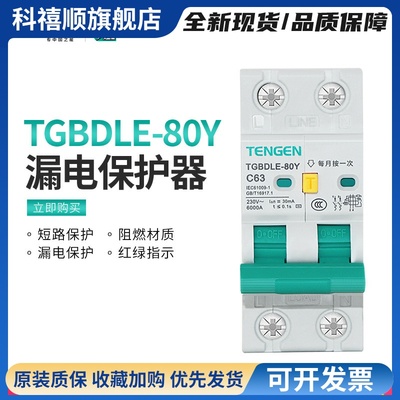 TENGEN天正TGBDLE-80Y漏电保护器空气开关2P家用220V漏电投入退出