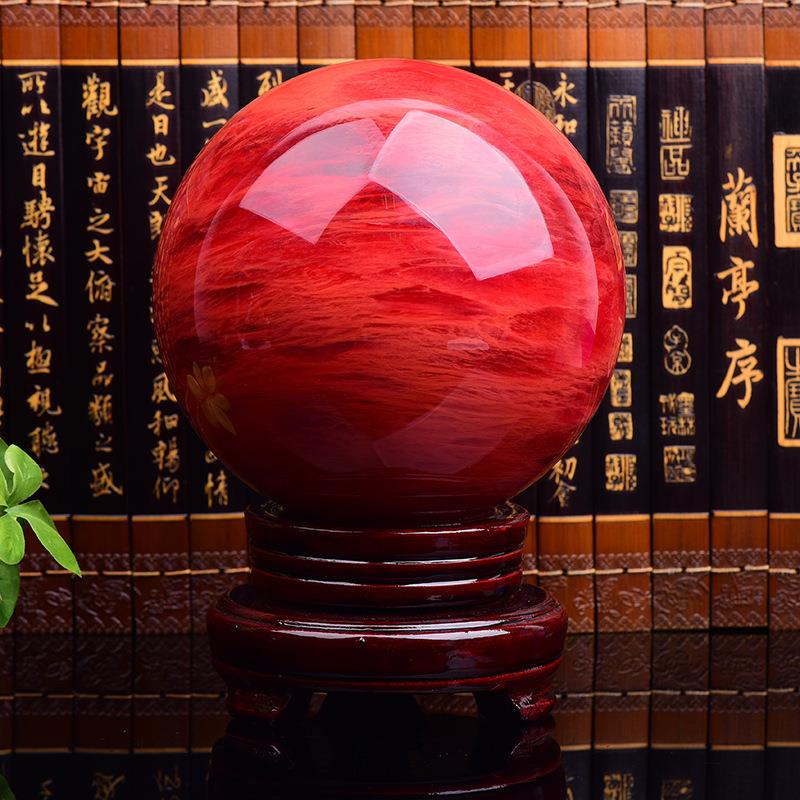 工厂天然红水晶球红色熔炼家居客厅水晶石书房桌面摆件送底座