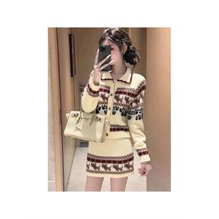 法式复古时尚费尔岛百搭针织开衫女学生搭配显瘦半身短裙两件套装