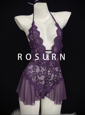 夜曲蔷薇「春光乍泄」露背性感蕾丝花边裙低胸V领挂脖连体睡衣