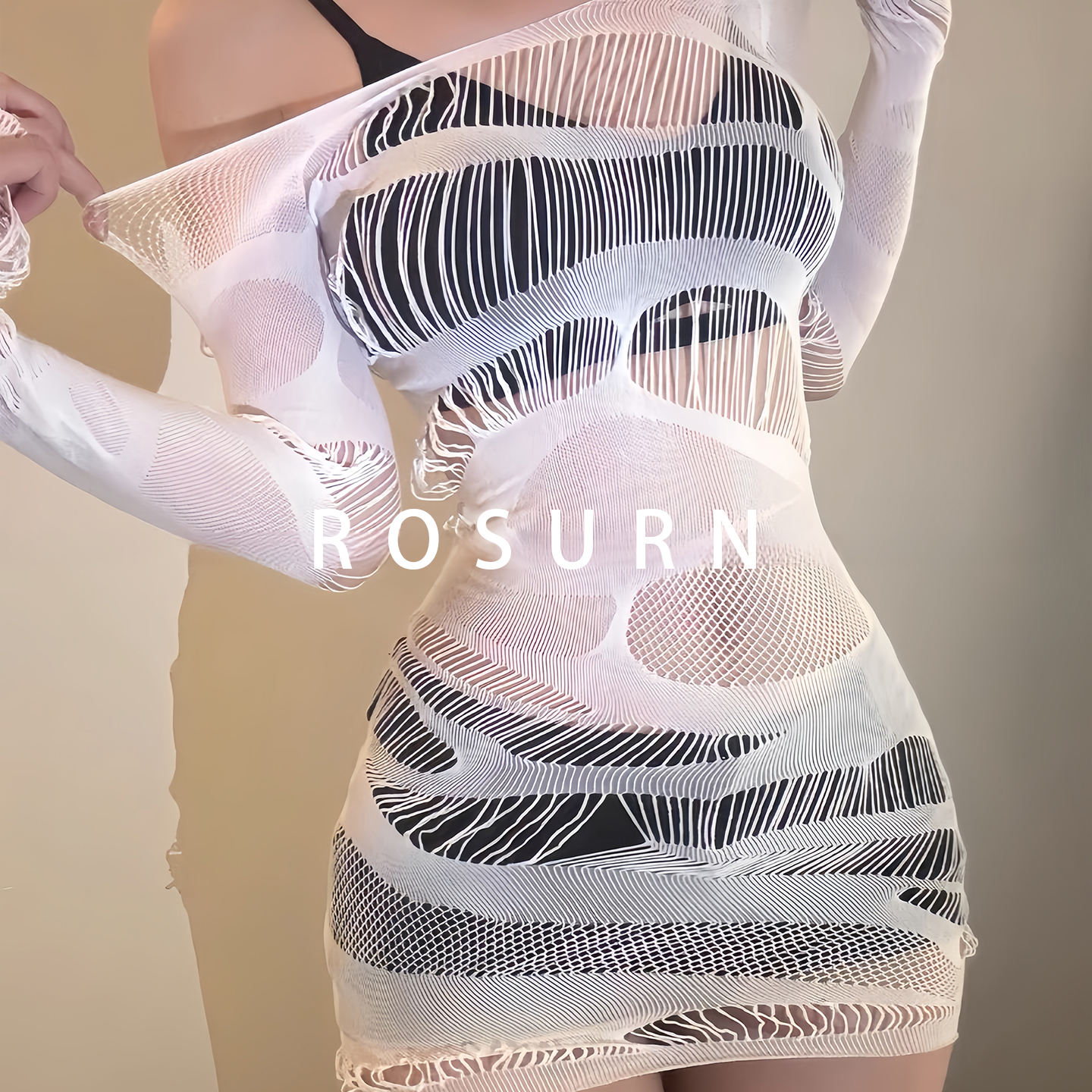 夜曲蔷薇「纯氧蕾网」连袖性感镂空包臀睡衣蕾白丝弹力大码内衣女