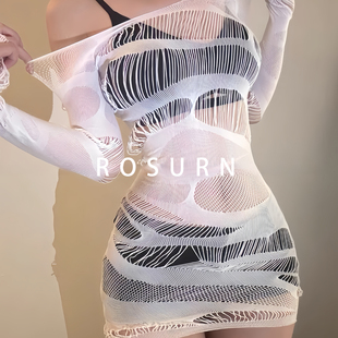 夜曲蔷薇「纯氧蕾网」连袖性感镂空包臀睡衣蕾白丝弹力大码内衣女