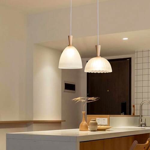 现代简约LED玻璃吊灯 餐厅吧台原木玻璃吊灯具 卧室床头小吊灯