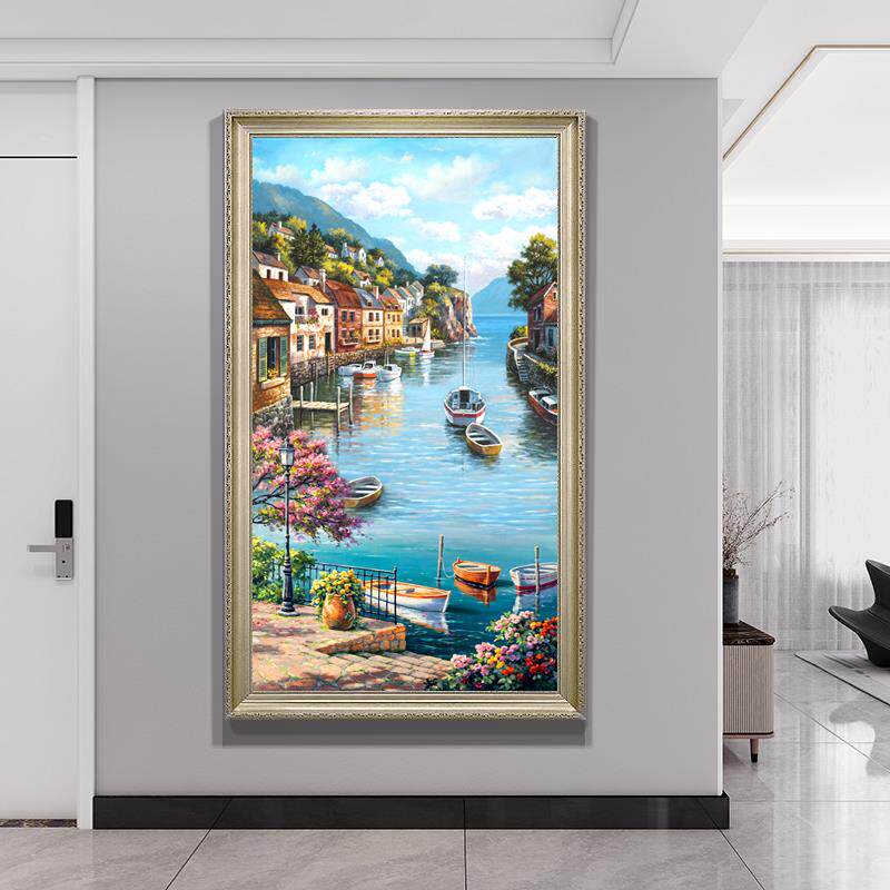 手绘欧式地中海风景油画玄关竖版装饰画美式客厅过道走廊挂画壁画
