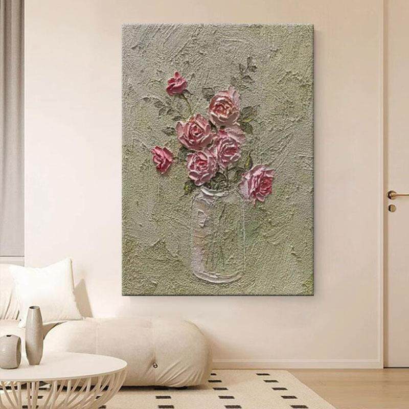 手绘油画粉色玫瑰花客厅玄关装饰画石英砂立体肌理儿童房卧室挂画
