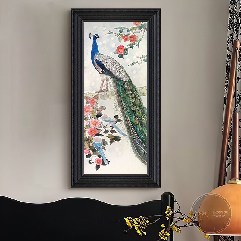 富贵花鸟孔雀图入户玄关手绘油画牡丹花卉客厅餐厅挂画中式装饰画图片