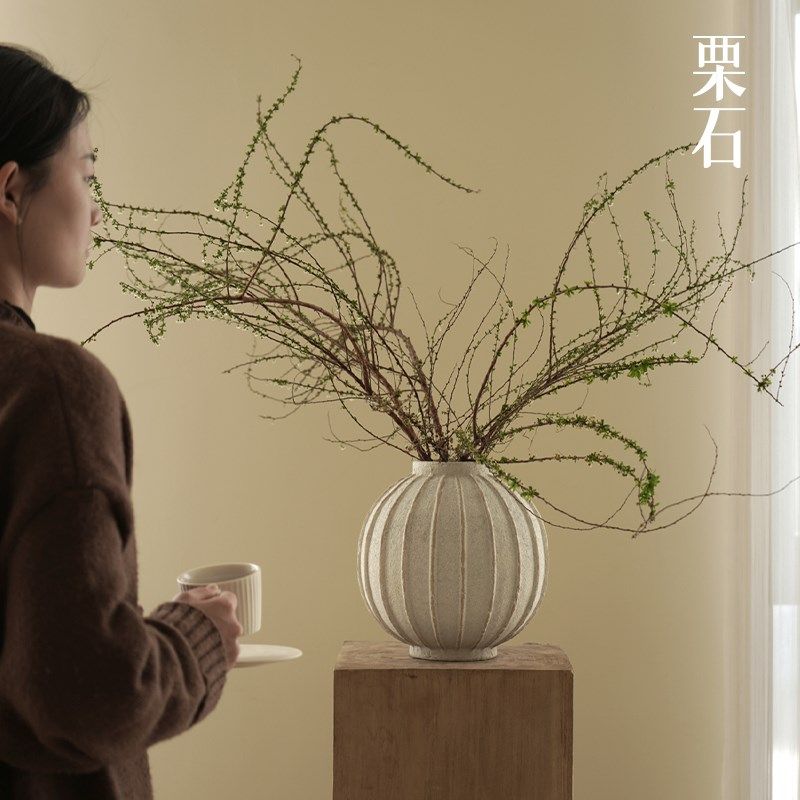 栗石静侘寂风陶瓷圆肚瓶客厅玄关电视柜粗陶罐子插器