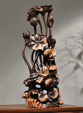 黑檀木雕刻年年鱼根雕荷家居客厅玄关装饰乔迁送礼工艺品