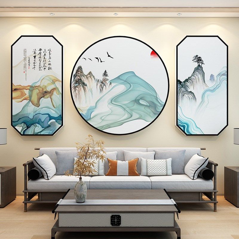 山水画客厅沙发电视背景墙装饰新年蛇年房间布置自粘纸挂画