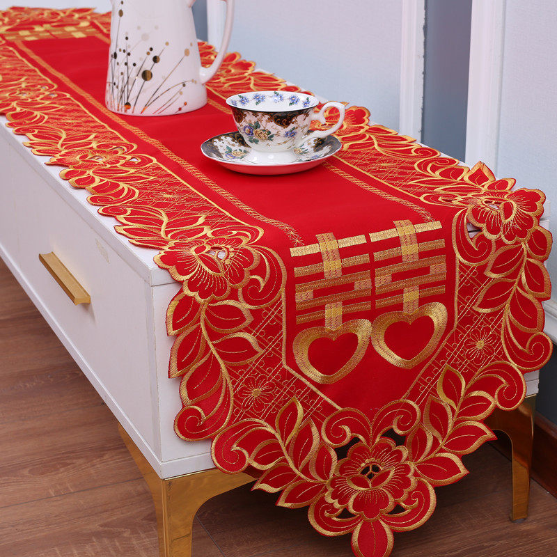桌旗红色结婚喜庆长条茶几桌布婚房扮餐桌桌旗婚庆大红色盖布巾
