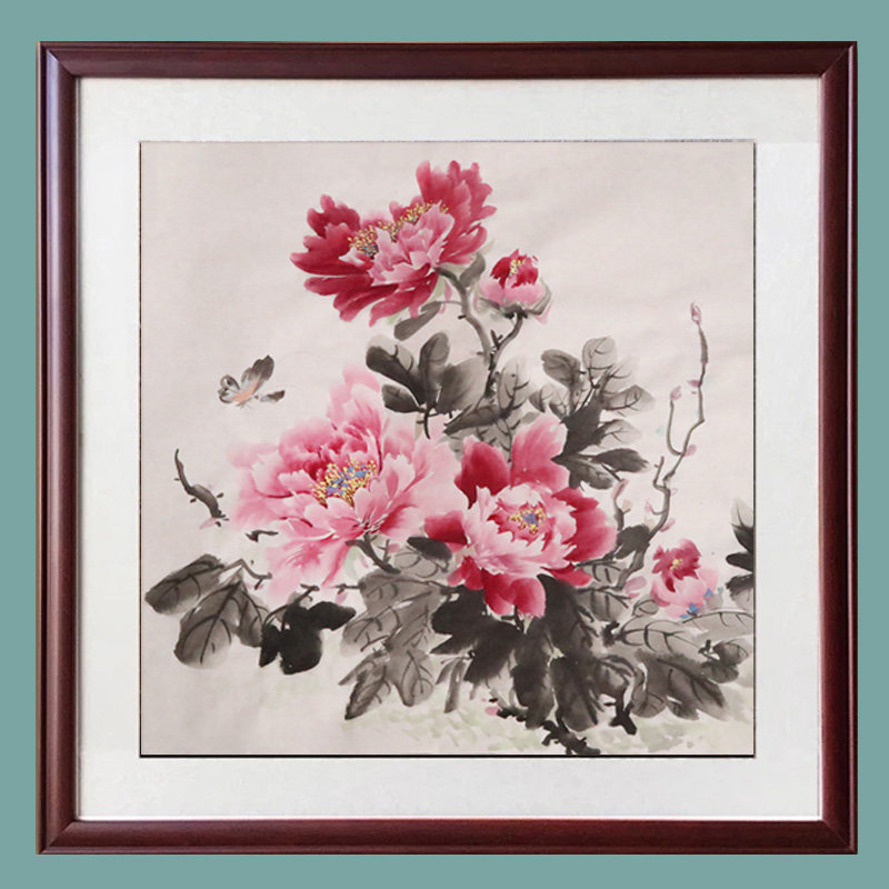 牡丹图手绘国画框款国色天香方斗茶楼客厅玄饰画