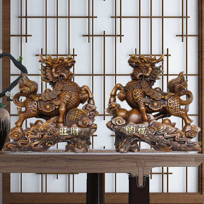 家居客厅办公室招财麒麟摆件一对 木纹树脂麒麟工艺品摆件