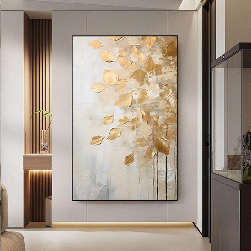 顺丰纯手绘油画轻奢厚肌理金色叶子装饰画客厅挂画现代金箔抽象艺