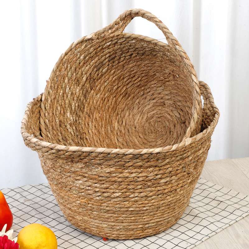 田园风草柳编织收纳筐 藤编手提式圆形脏衣收纳篮 蔬菜水果置物篮