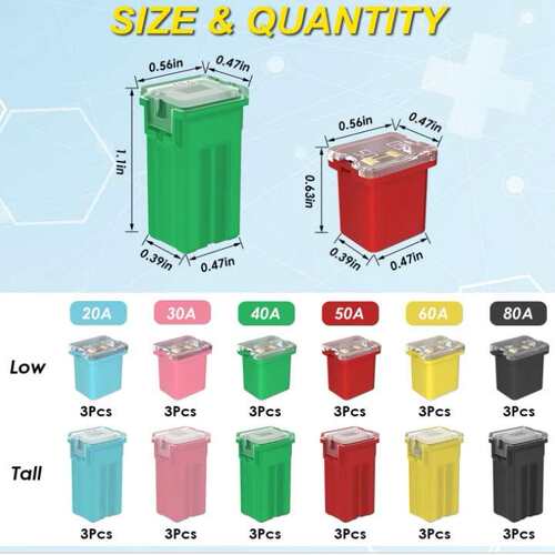 36Pcs JCASE汽车保险丝低剖面盒形分类套件20A30A40A50A60A80A