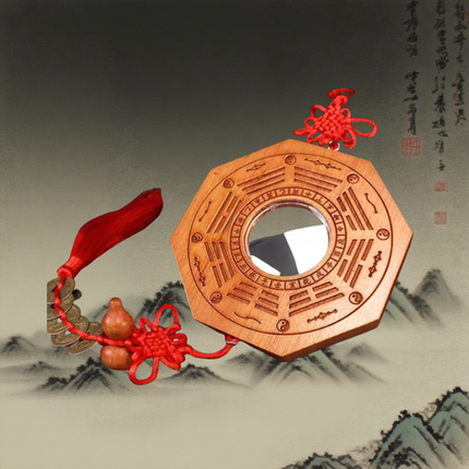 桃木八卦镜凸镜木牌凹镜摆件九宫太极阴阳镜家用阳台门口葫芦挂件