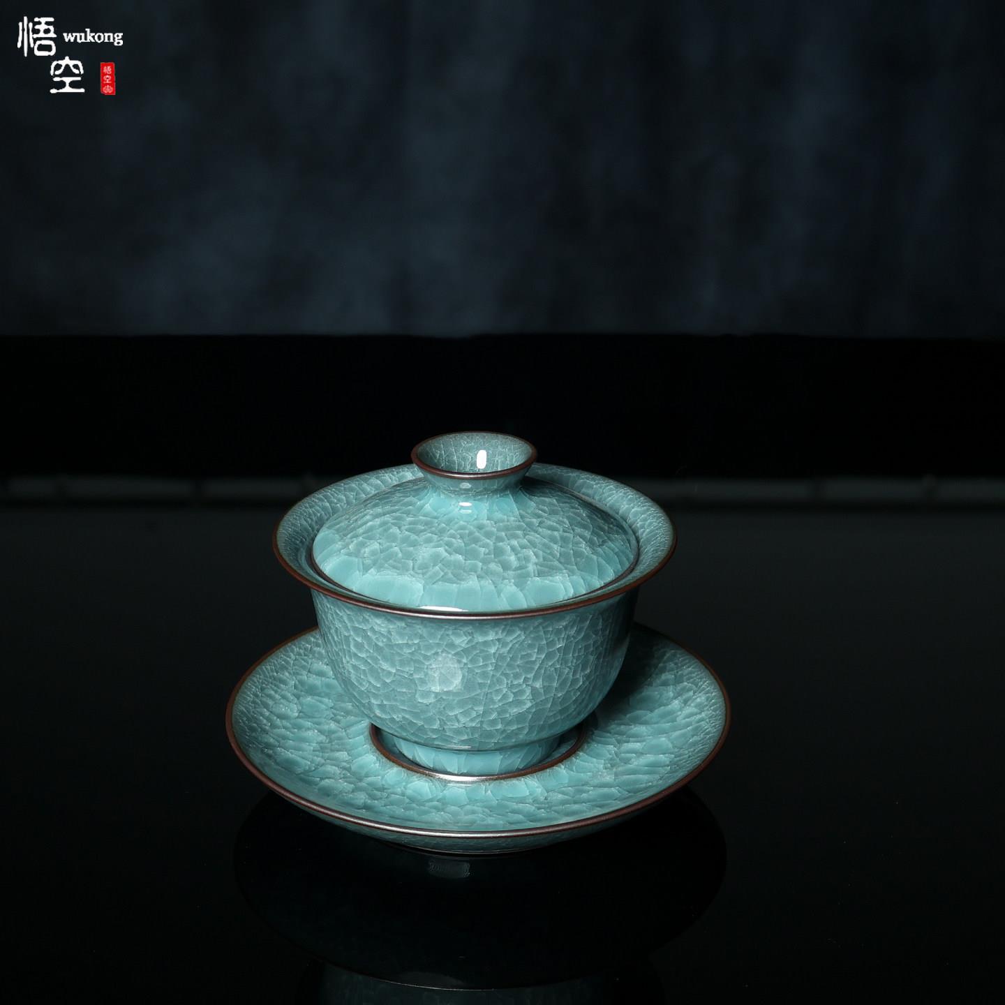 复古哥窑全手工冰裂纹盖碗茶杯单个青瓷三才碗功夫茶具家用泡茶器
