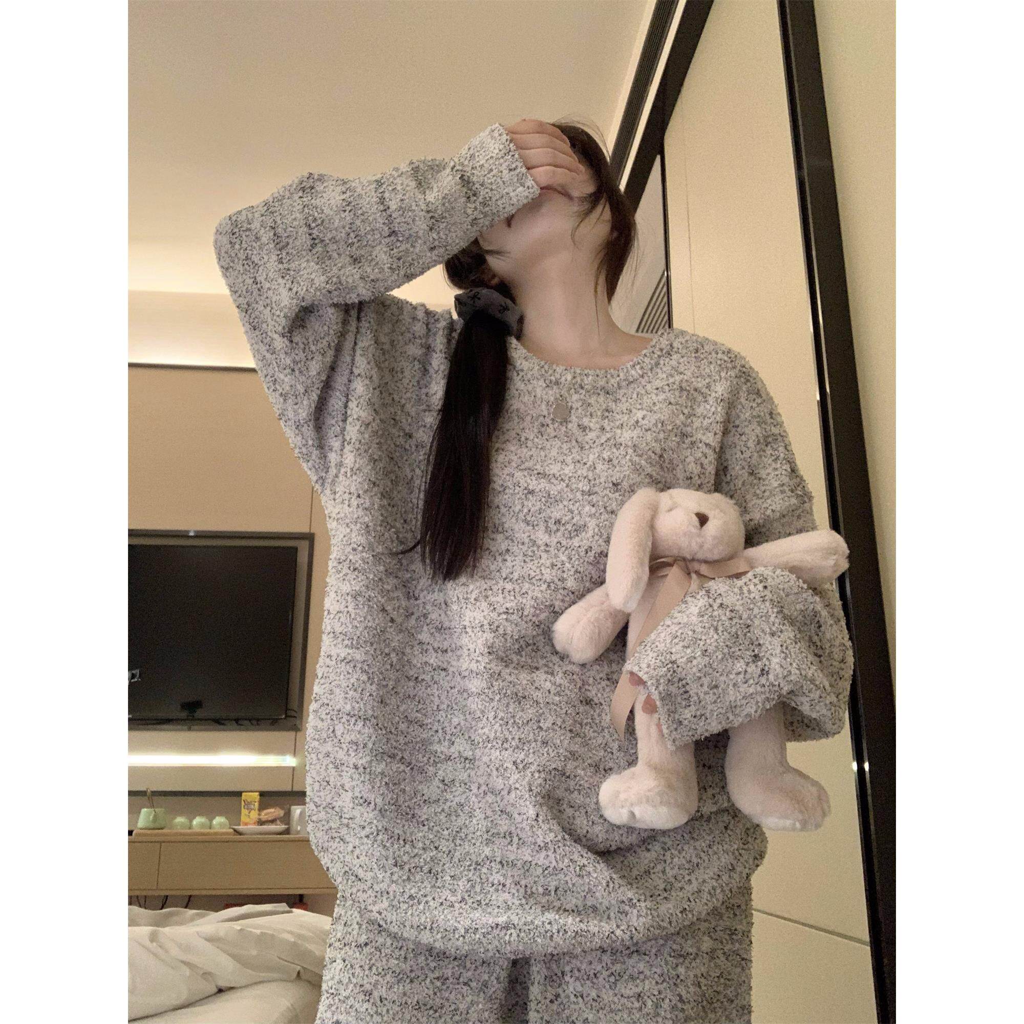 韩国半边绒睡衣女秋冬季加厚长袖圆领套头家居服套装冬天2025新款