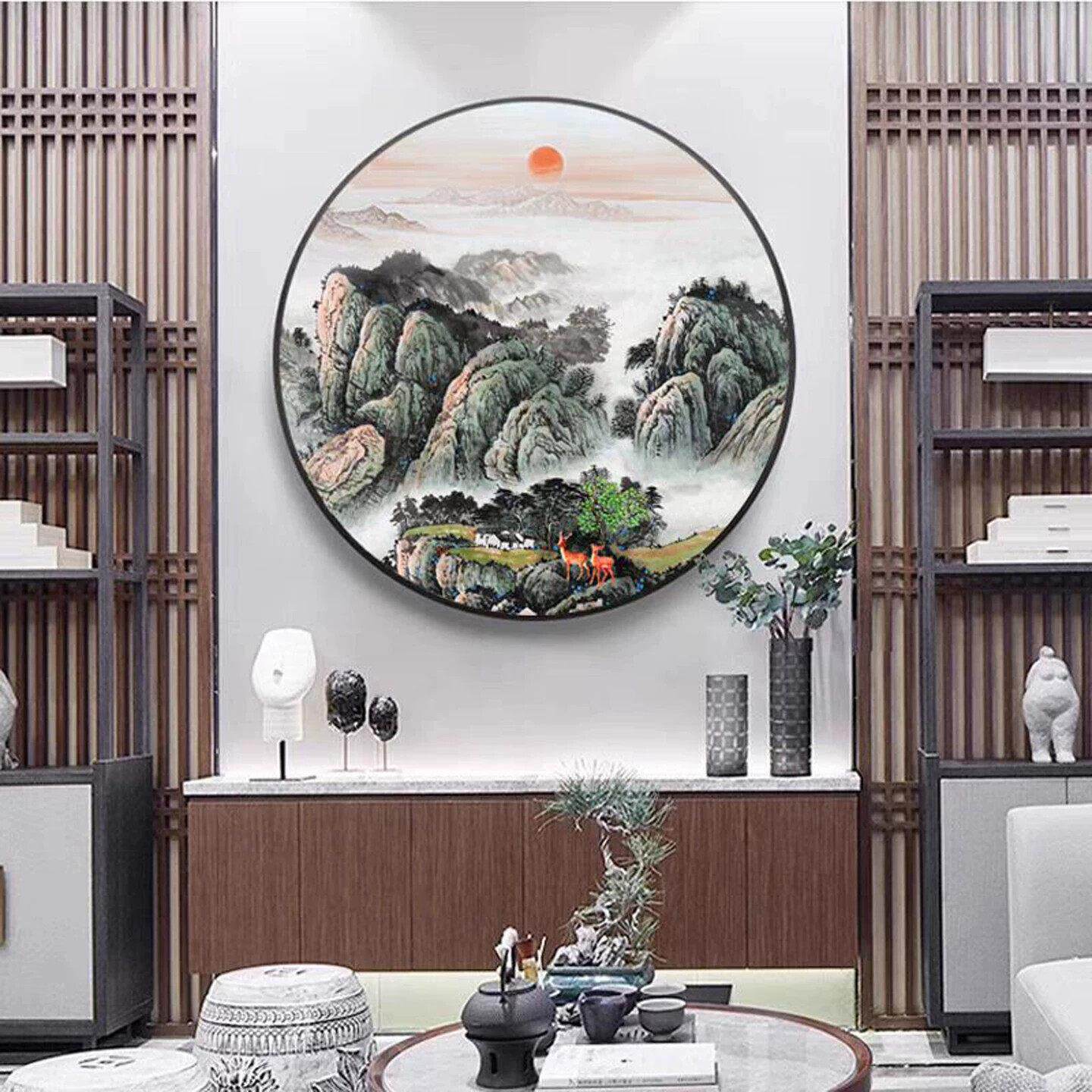 泰山日出图日出东方招财风水进门玄关画圆形有山无水靠山图挂画