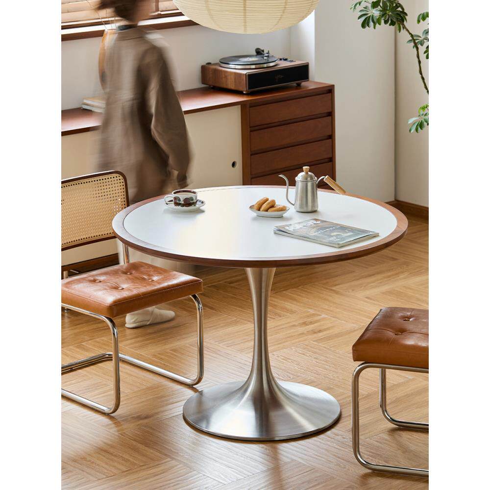 出乎生活郁金香圆桌岩板餐桌家用覆古实木圆形餐桌小户型吃饭桌子