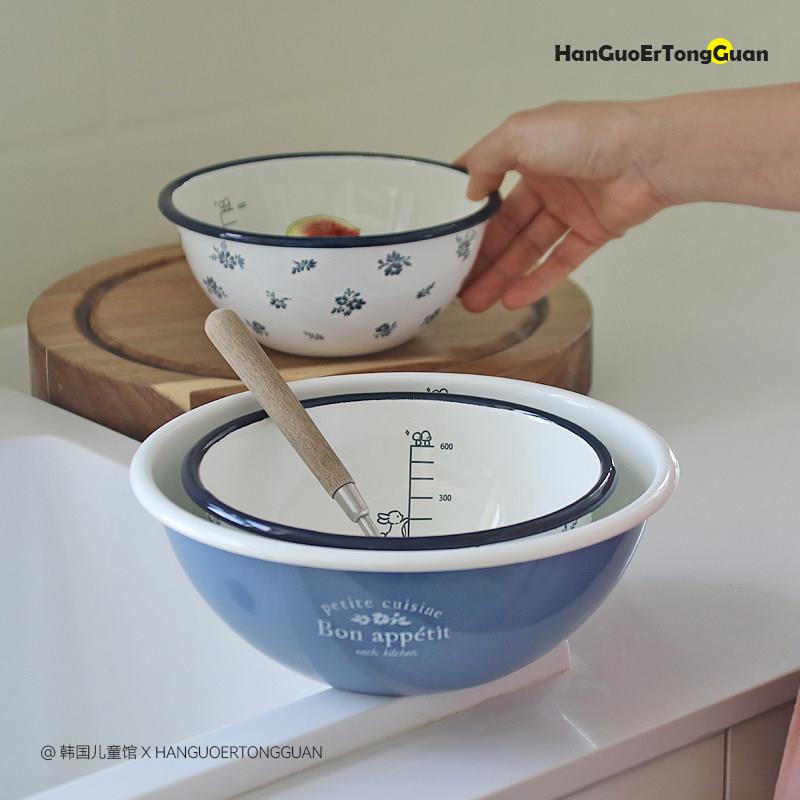 韩国老花搪瓷和面洗菜盆食物料理碗带刻度饭碗汤碗饺子盘烘焙打蛋