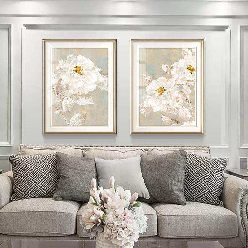 美式现代客厅沙发背景装饰画卧室床头抽象植物花卉挂画白花之梦