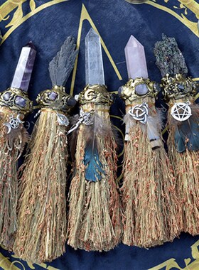 天然水晶柱子月亮羽毛手工大扫把视频魔法漂亮饰
