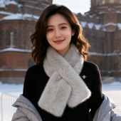 新款 仿水貂毛围巾女秋冬保暖防寒护颈围脖时尚 百搭双面毛绒围巾潮