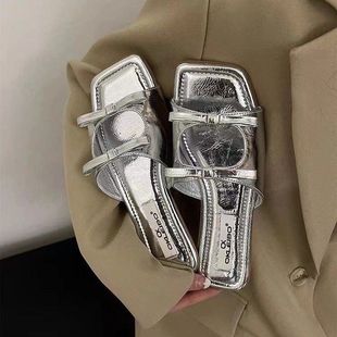 仙女时尚 2024新款 女夏季 法式 假沙滩露趾凉拖潮 蝴蝶结平底外穿拖鞋